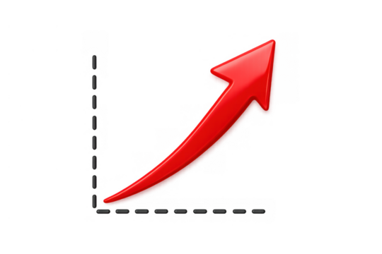 Red glossy arrow showing growth on a dotted line chart, symbolizing business success, financial increase, and progress, transparent background