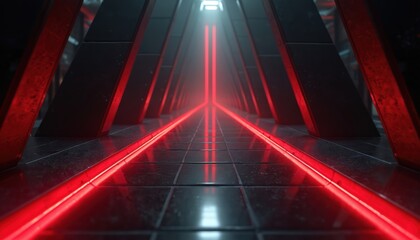 Abstract interior with red neon lights and futuristic design. Black tiled floor reflects bright light. Triangle structures create a tunnel effect inside a dark space.