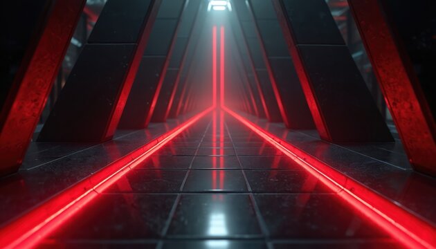 Abstract interior with red neon lights and futuristic design. Black tiled floor reflects bright light. Triangle structures create a tunnel effect inside a dark space.