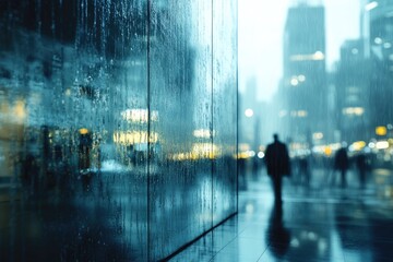 Obraz premium A rainy urban scene at night, featuring a wet glass wall reflecting blurred city lights and distant silhouettes of pedestrians.