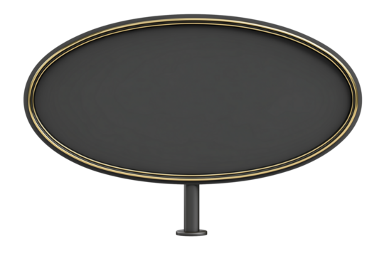 Sleek round table with dark polished surface and gold trim on transparent background