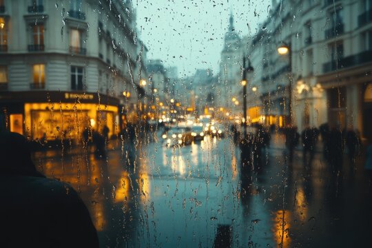 Atmospheric city street at night, seen through a rain-covered window, with glowing lights, reflections, and indistinct figures.