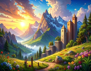 A vibrant vista showcases a towering castle, verdant hills, and majestic snow-capped peaks kissed by a radiant sunrise