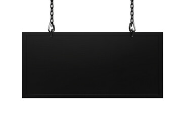Sleek black rectangular sign suspended by two parallel black chains on transparent background
