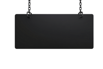 Sleek black rectangular sign suspended by chains on transparent background