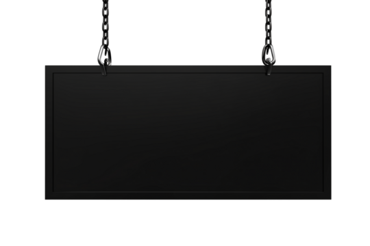 Sleek black rectangular sign suspended by two parallel black chains on transparent background