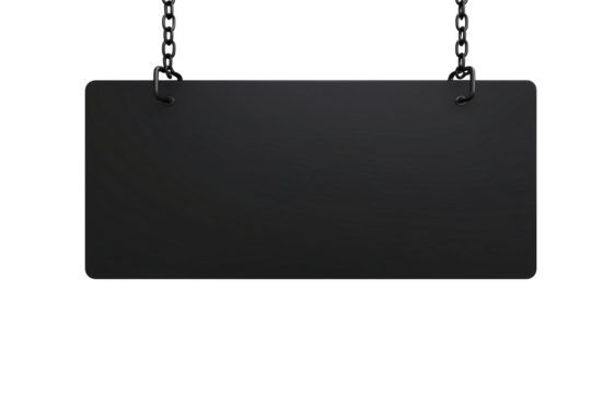 Sleek black rectangular sign suspended by chains on transparent background