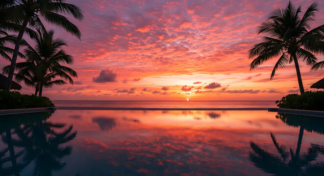 Tropical sunset is reflected in swimming pool water near palm trees.