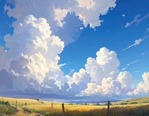 A vibrant vista showcasing puffy clouds floating in a vast blue sky, overlooking a tranquil golden field with a path
