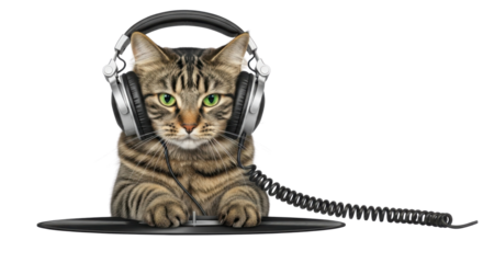 Cat wearing headphones sitting on vinyl record isolated PNG with Transparent Background