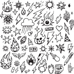 Hand Drawn Tattoo Style Doodle Collection of Various Symbols and Icons vector set.
