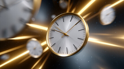 Conceptual visualization of time, featuring multiple clocks and streaks of light. The image embodies the idea of moving time and the essence of time itself