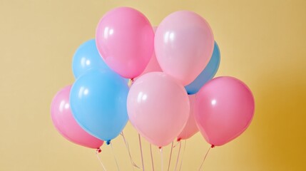 A collection of vibrant pink and blue balloons sway gently, creating a playful scene against a sunny yellow backdrop. This colorful arrangement adds joy and charm to any event