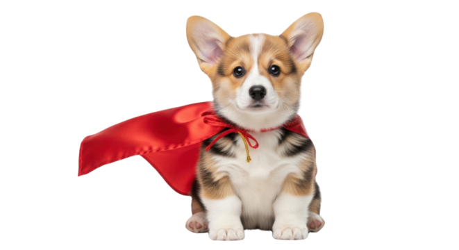 Cute corgi puppy wearing a red superhero cape isolated PNG with Transparent Background