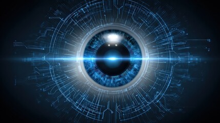 A futuristic digital eye design with blue tones and circuit-like patterns, symbolizing technology and vision.