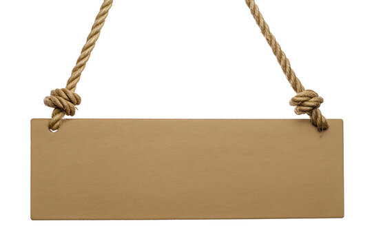 Rectangular brown cardboard sign suspended by two knotted ropes on transparent background