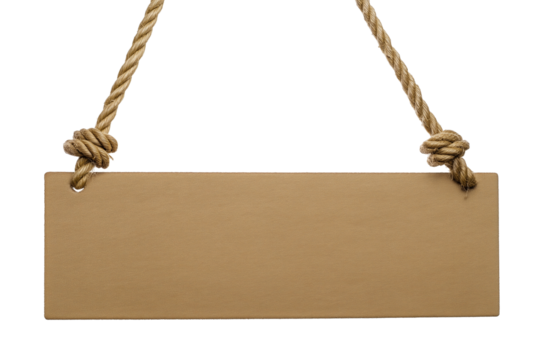 Rectangular brown cardboard sign suspended by two knotted ropes on transparent background