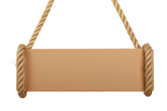 Rectangular wooden sign hanging by braided ropes on transparent background