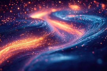 A dynamic abstract image featuring vibrant orange and blue light trails, swirling with countless glowing particles. Represents energy and digital flow.