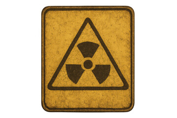 Radioactive warning symbol on a weathered and distressed sign representing hazard, danger, and nuclear energy on transparent background