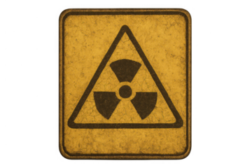 Radioactive warning symbol on a weathered and distressed sign representing hazard, danger, and nuclear energy on transparent background