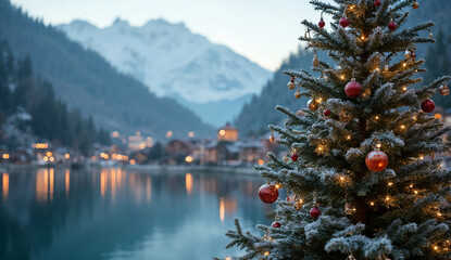 Fototapeta premium Festive Christmas tree in lakeside mountain village panorama background