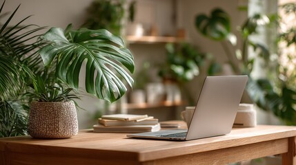 Modern Workspace with Laptop and Indoor Plants on Wooden Desk in Bright Home Office Setting