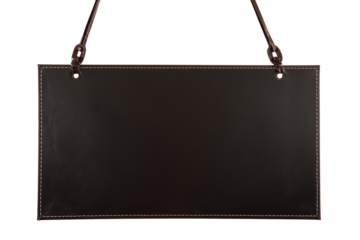 Sleek black signboard with white-stitched border on transparent background suspended by dark brown ropes