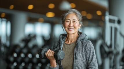 Smiling Senior Man Exercising with Dumbbell in Modern Gym Promoting Active Aging and Healthy Lifestyle