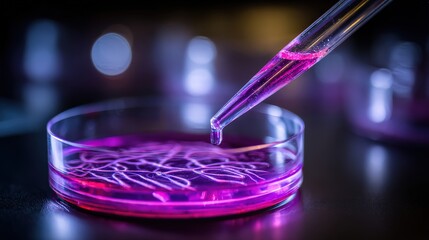 A close-up of a pipette dripping vibrant pink liquid into a petri dish, showcasing a scientific experiment with colorful solutions.