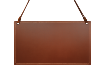 Premium brown leather signboard with stitched edges on transparent background