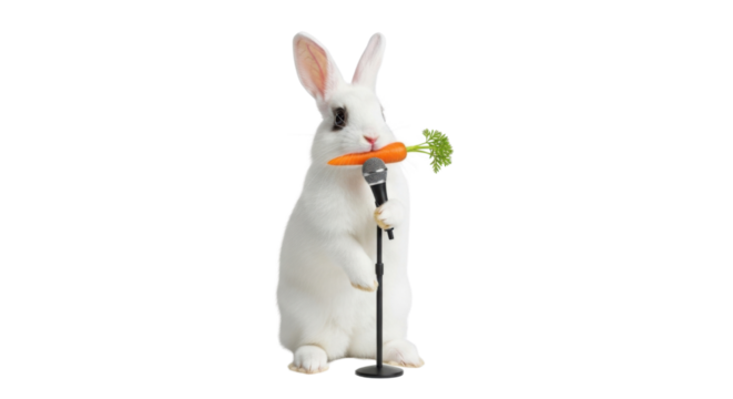 White rabbit holding a carrot in its mouth and using a microphone isolated PNG with Transparent Background