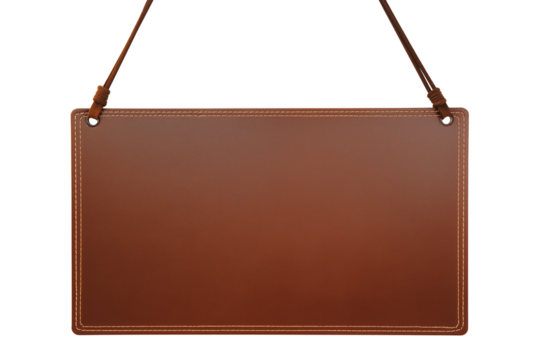 Premium brown leather signboard with stitched edges on transparent background