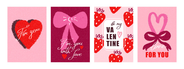 Set poster, cards for Happy Valentines Day in retro trendy style with heart, strawberries and bows. Romantic and love elements. Vector modern design, decor, print