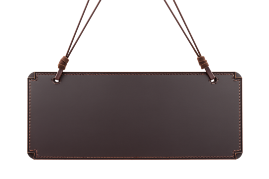 Minimalist leather signboard with contrasting stitching on transparent background