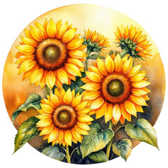 A vibrant arrangement of sunflowers with bright yellow petals and dark centers. The background features a warm, circular gradient, enhancing the floral display.