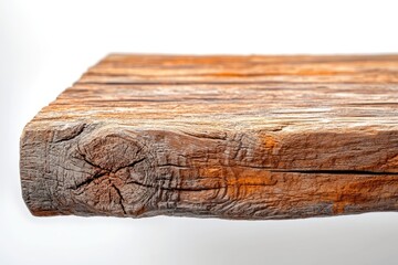 Fototapeta premium Detailed view of a weathered, rustic wooden beam, highlighting its natural cracks, rough texture, and prominent knot on a white background.