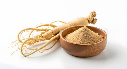 Fresh ginseng root and powdered supplement in wooden bowl isolated on white background