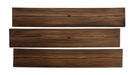 Three vertically aligned wooden planks with dark brown finish and prominent wood grain patterns on transparent background