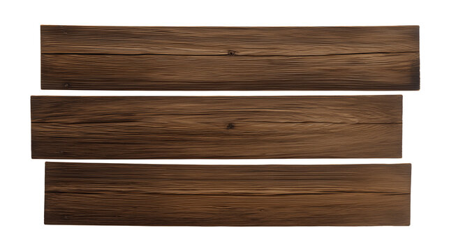 Three vertically aligned wooden planks with dark brown finish and prominent wood grain patterns on transparent background