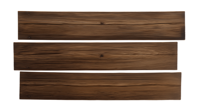 Three vertically aligned wooden planks with dark brown finish and prominent wood grain patterns on transparent background