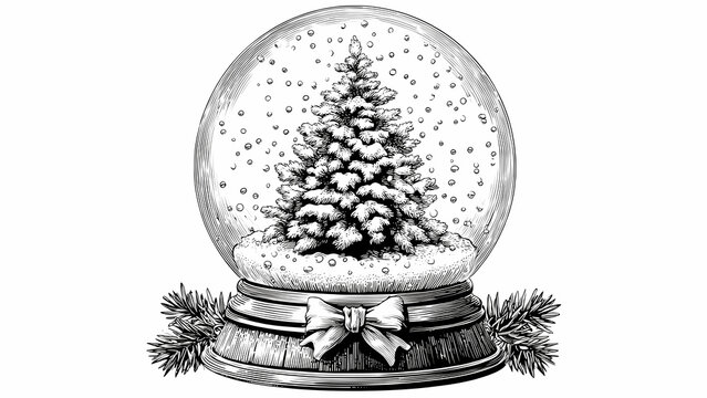 Pencil Drawing Of A Snow Globe With A Christmas Tree Inside - Powered by Adobe