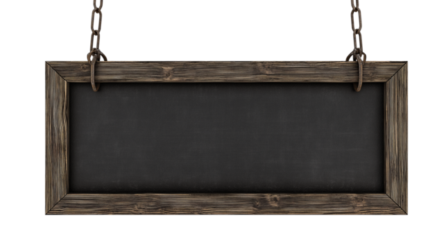 Rectangular chalkboard with rustic wooden frame on transparent background