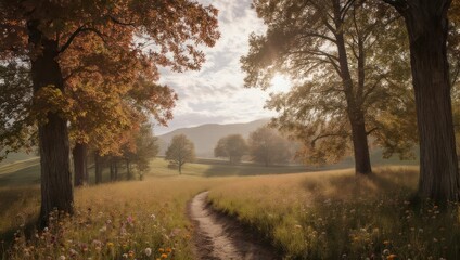 Naklejka premium Autumn Path Through Golden Fields and Trees.