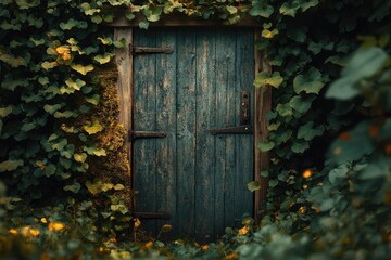 A weathered blue wooden door, embraced by lush green ivy and golden moss, hinting at a hidden garden or secret realm.