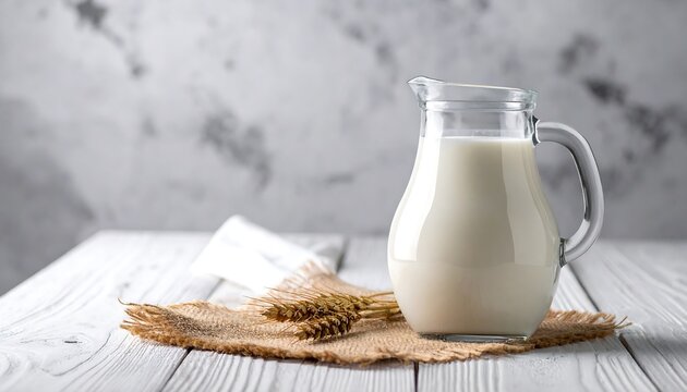Fresh Milk in a Glass Pitcher on Wooden Table.