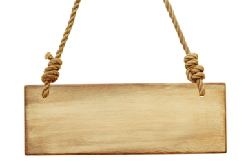 Rustic wooden sign hanging from knotted jute ropes on transparent background