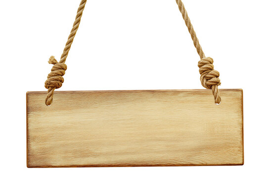 Rustic wooden sign hanging from knotted jute ropes on transparent background