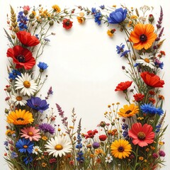 Obraz premium Vibrant wildflowers form a decorative border on a blank white background.