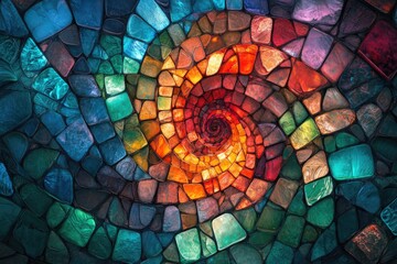 Fototapeta premium Mesmerizing mosaic spiral of irregular, colorful pieces, shifting from cool blues and greens to warm reds and oranges, creating a beautiful abstract design.